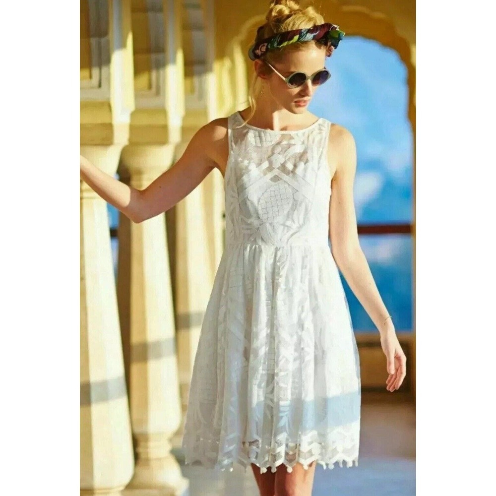 Anthropologie Women's Maeve Pina White Ivory Lace Pineapple Fit‎ & Flare Dress - Picture 4 of 15